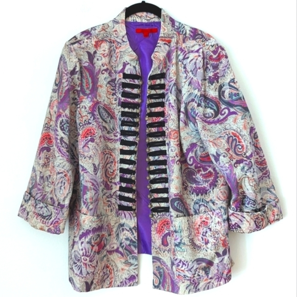 Joni B Purple Paisley‎ Print Vintage Boho Jacket w/Gold Ball Button Detailing, L